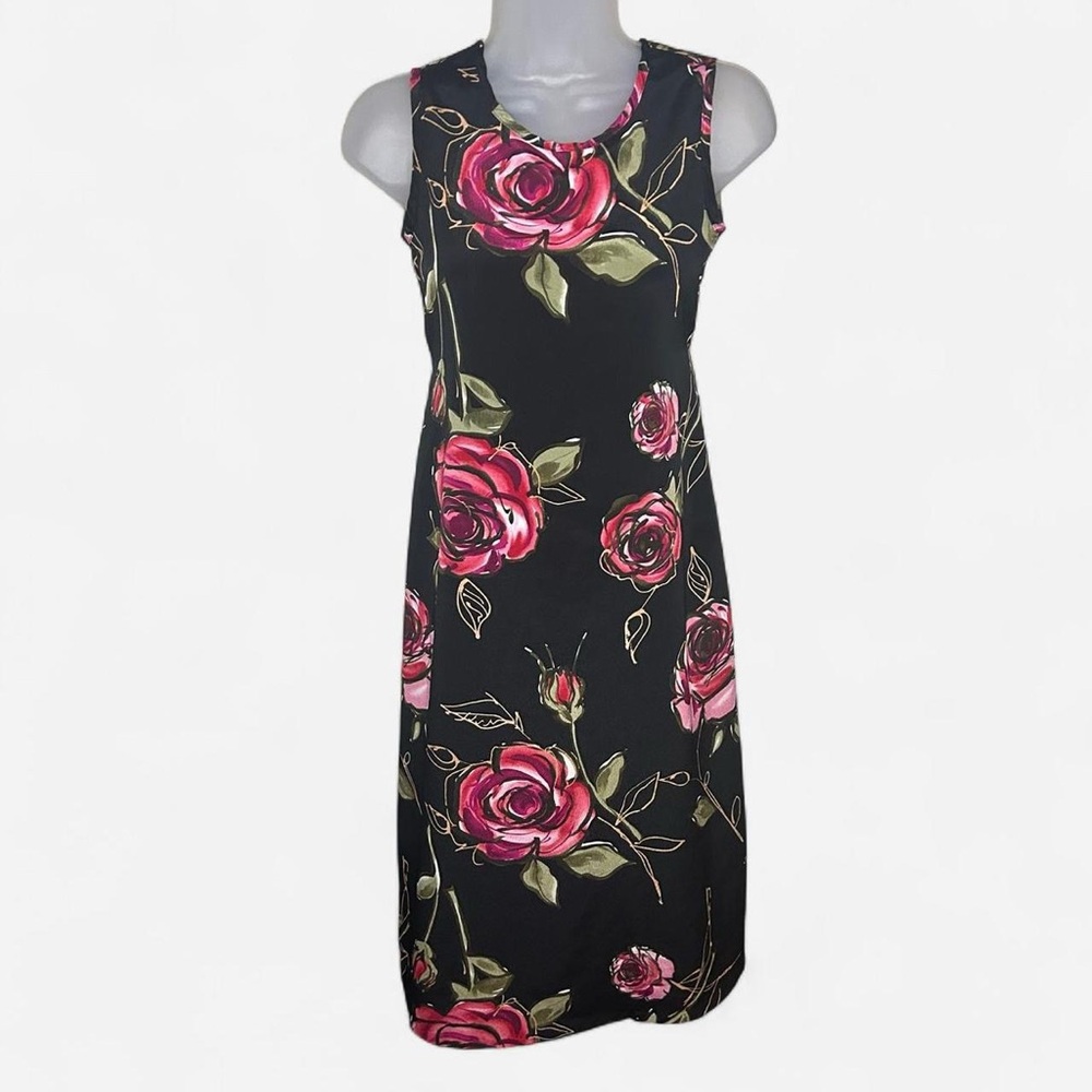 Bonnie Jean Black Midi Dress with Red Floral Pattern